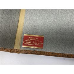 Samuel Buck: Ruins, Abbeys and Castles of Yorkshire. Bound collection of twenty-five engraved views dated 1720 - 1728 including Burstal Abbey Hull, Bolton Abbey, Whitby Abbey, Scarborough Castle, Malton Priory etc and list of subscribers; oblong folio; mottled half leather and suede binding by Etherington, Thorpe & Co., Pudsey