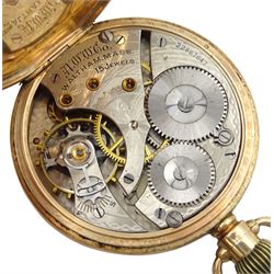 Early 20th century 9ct rose gold open face keyless lever presentation pocket watch by American Watch Co, Waltham, No. 22867647, white enamel dial with Roman numerals and subsidiary seconds dial, case by Benson Brothers, Chester 1924