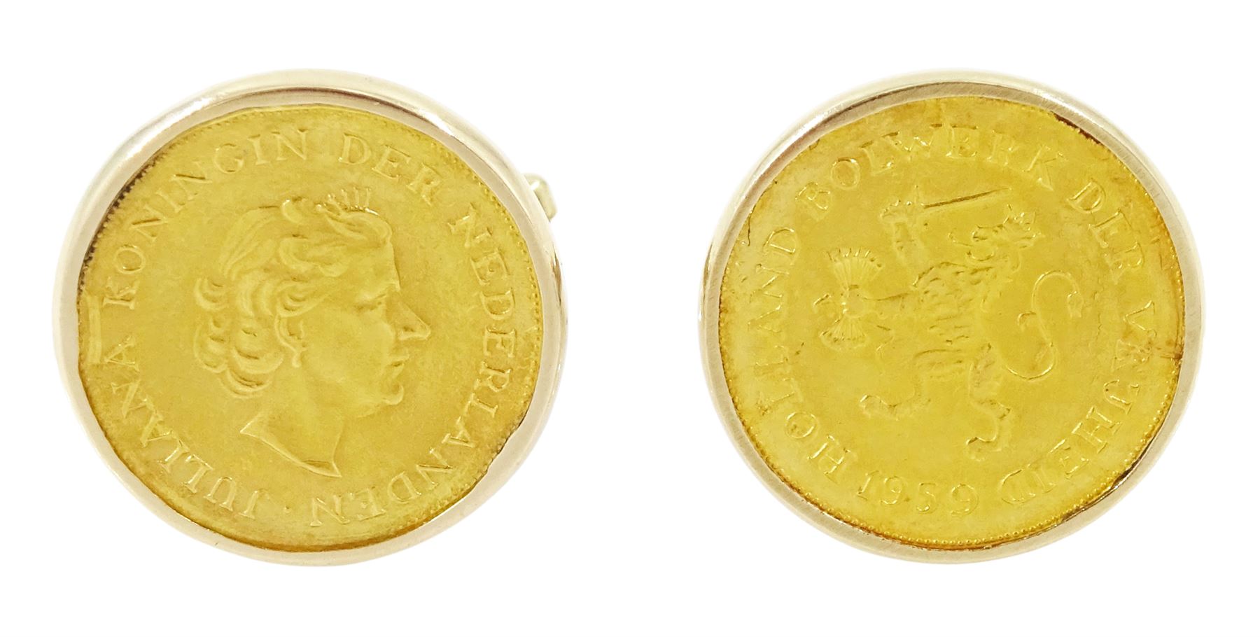 Pair of Netherlands 1959 Bolwerk Der Vrijheid 21ct gold coins, loose mounted in 9ct gold cufflinks