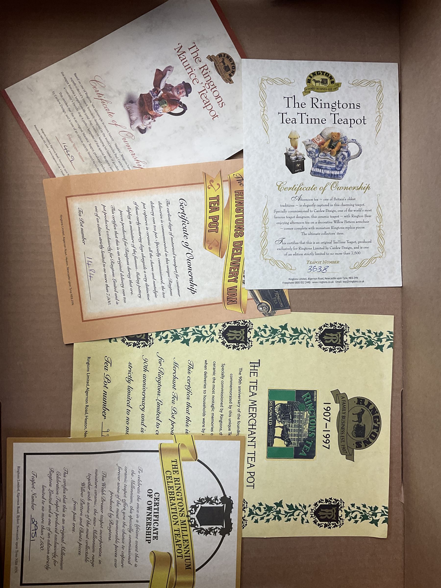 A group of Ringtons novelty teapots, comprising The Ringtons Van teapot, Maurice Delivery Man teapot, Millenium Celebration teapot, the Tea Merchant teapot, and Tea Time teapot, each with certificate, together with a Ringtons novelty money box.  