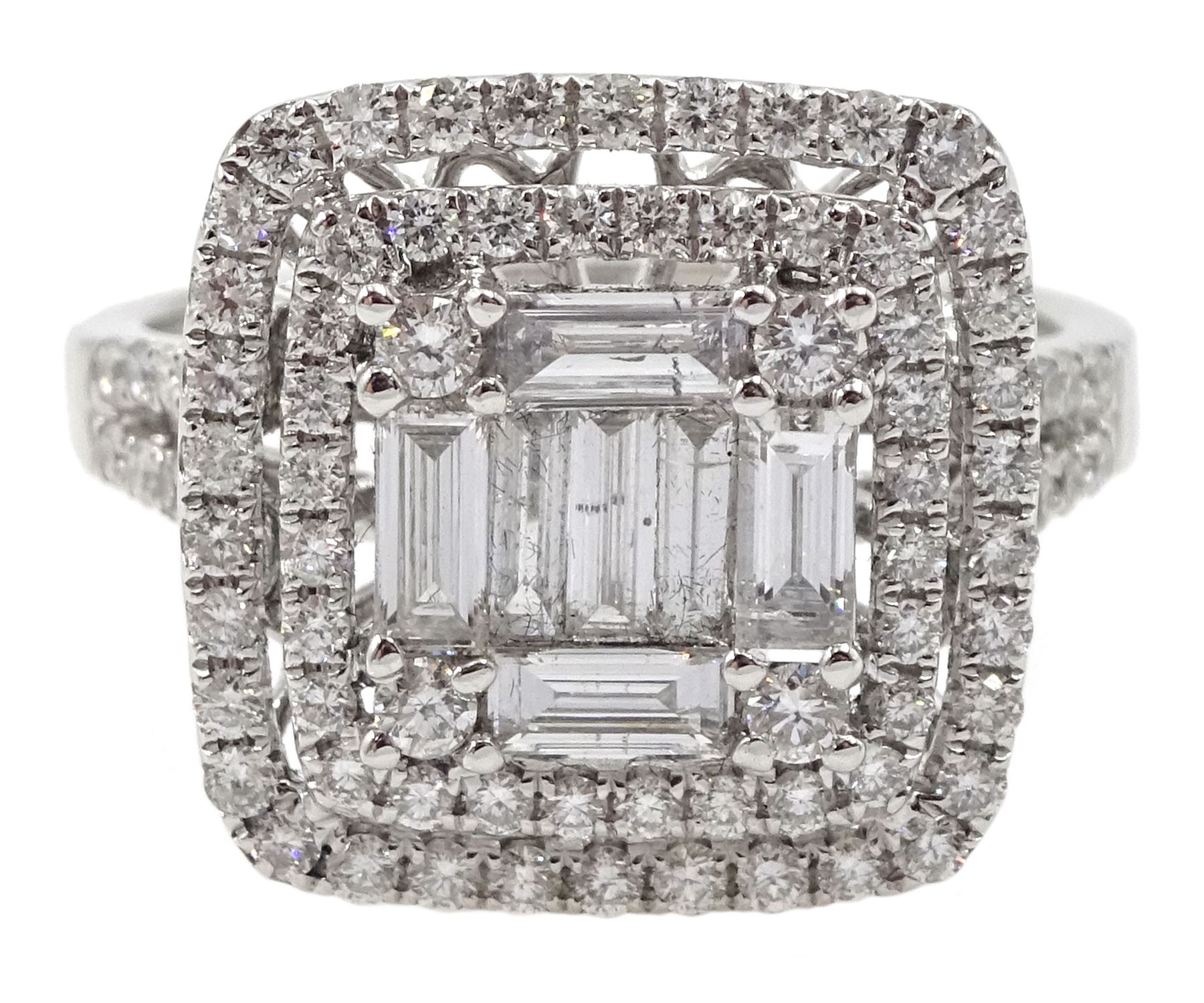 18ct white gold round brilliant cut and baguette cut diamond cluster ring, with diamond set shoulders, total diamond weight approx 1.25 carat