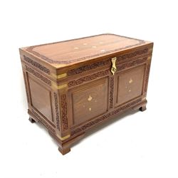Eastern hardwood inlaid blanket chest, floral carved and applied metal, hinge top enclosing removable tray, detailing, bracket supports