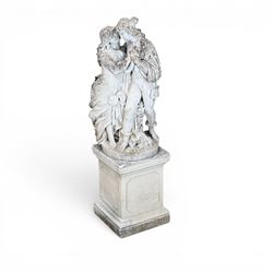 Romeo & Juliet ornate cast stone garden figure, raised on square plinth base