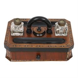 Tunbridge desk stand, with ebonised handle, twin inkwells with Thomas Morton 'The Maze' cl...