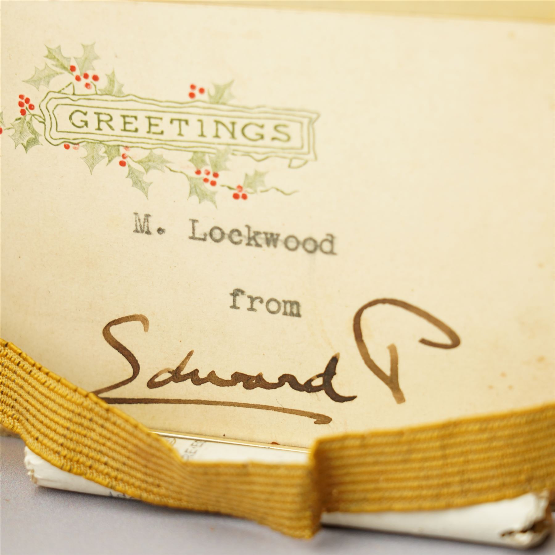 Royalty Interest - Engine turned silver cigarette case with gold crowned cypher, the gilded interior with a greetings card signed 'Edward' and an Egyptian cigarette 11cm x 8cm Birmingham 1925 Maker Adie Bros. Ltd in the original gilt tooled leather case marked 'Hartley, 45 Albemarle St., London'