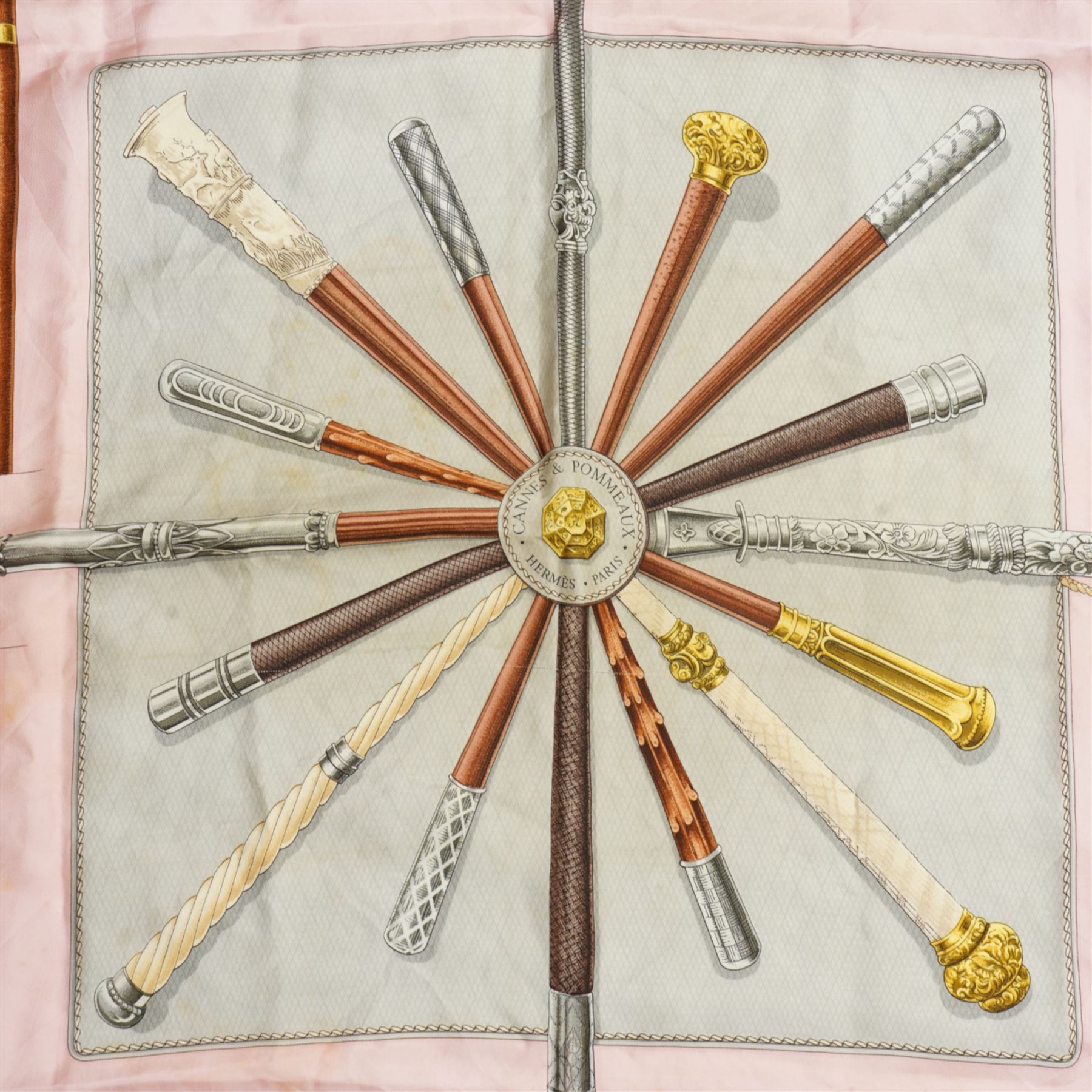 Hermes 'Cannes et Pommeaux' silk scarf in pink and grey colourway, designed by Francoise De La Perriere, 90cm x 87cm 