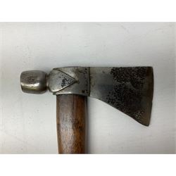 Early 20th century ceremonial Tomahawk pipe, steel axe head with pipe bowl, drilled drawing shaft, 46cm