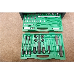  Makita 8391D cordless drill set, a drill bit set, spanner and socket set, a quantity of various hand tools and a hose pipe  