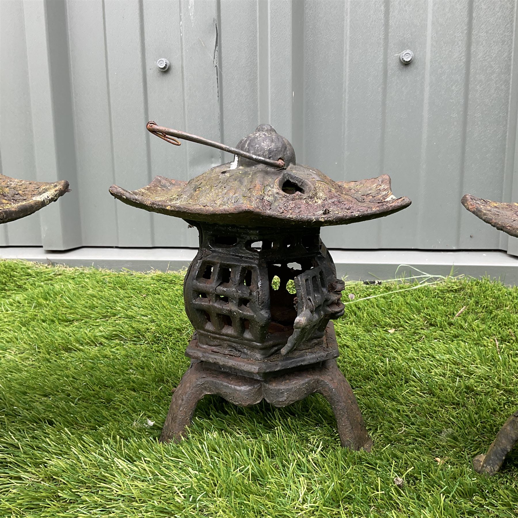 Three cast iron garden lanterns - THIS LOT IS TO BE COLLECTED BY APPOINTMENT FROM DUGGLEBY STORAGE, GREAT HILL, EASTFIELD, SCARBOROUGH, YO11 3TX