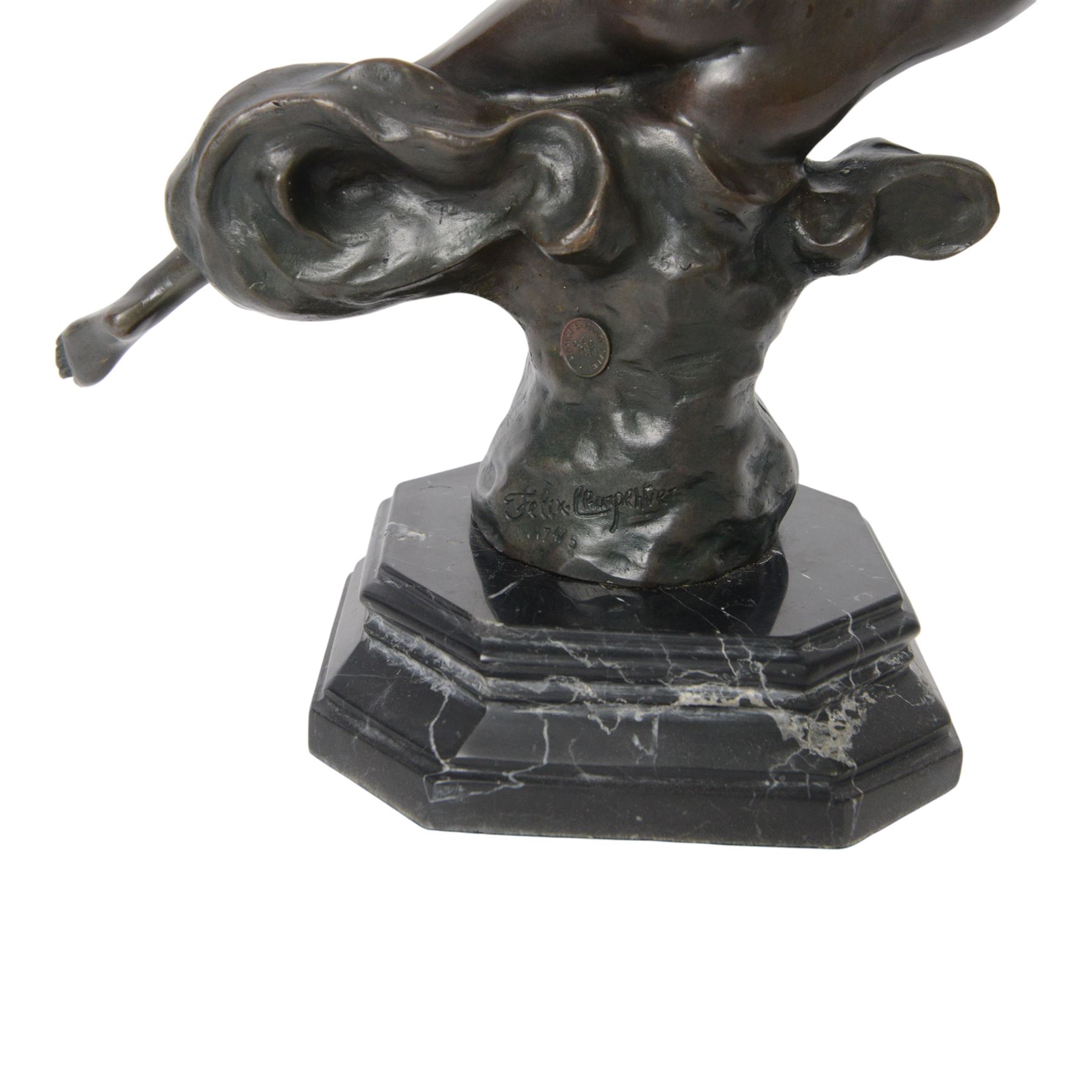 After Felix Maurice Charpentier, 'L`Etoile Filante', bronze sculpture of a female nude, with cast signature and J.B. Deposee foundry mark, upon canted marble base, H30cm