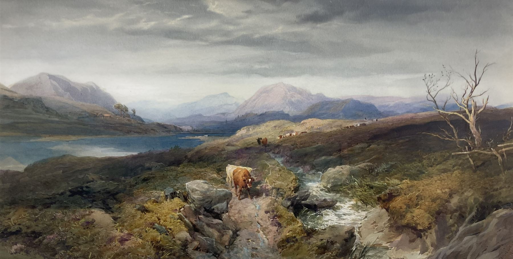 Thomas Miles Richardson Jnr. (British 1813-1890): 'Looking up Glen Strae - Loch Awe', watercolour signed and dated 1881, original title label verso 33cm x 64cm 
Provenance: private collection, purchased Christie's London 3rd September 2013 Lot 435 