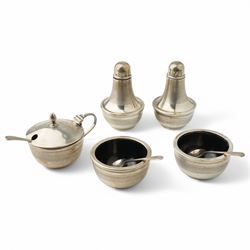 Silver five piece condiment set comprising pair of salts, pair of pepperettes and mustard pot together with three spoons Birmingham 1933 Maker Joseph Gloster Ltd
