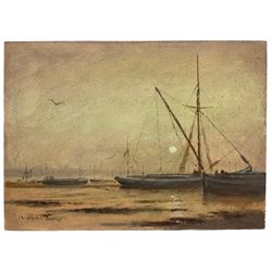 William Burns (British 1923-2010): 'Sunrise - Pin Mill Suffolk', oil on board signed, titled verso 26cm x 37cm (unframed)
Provenance: direct from the artist's family. Born in Sheffield in 1923, William Burns RIBA FSAI FRSA studied at the Sheffield College of Art, before the outbreak of the Second World War during which he helped illustrate the official War Diaries for the North Africa Campaign, and was elected a member of the Armed Forces Art Society. On his return to England, he studied architecture at Sheffield University and later ran his own successful practice, being a member of the Royal Institute of British Architects. However, painting had always been his self-confessed 'first love', and in the 1970s he gave up architecture to become a full-time artist, having his first one-man exhibition in 1979.