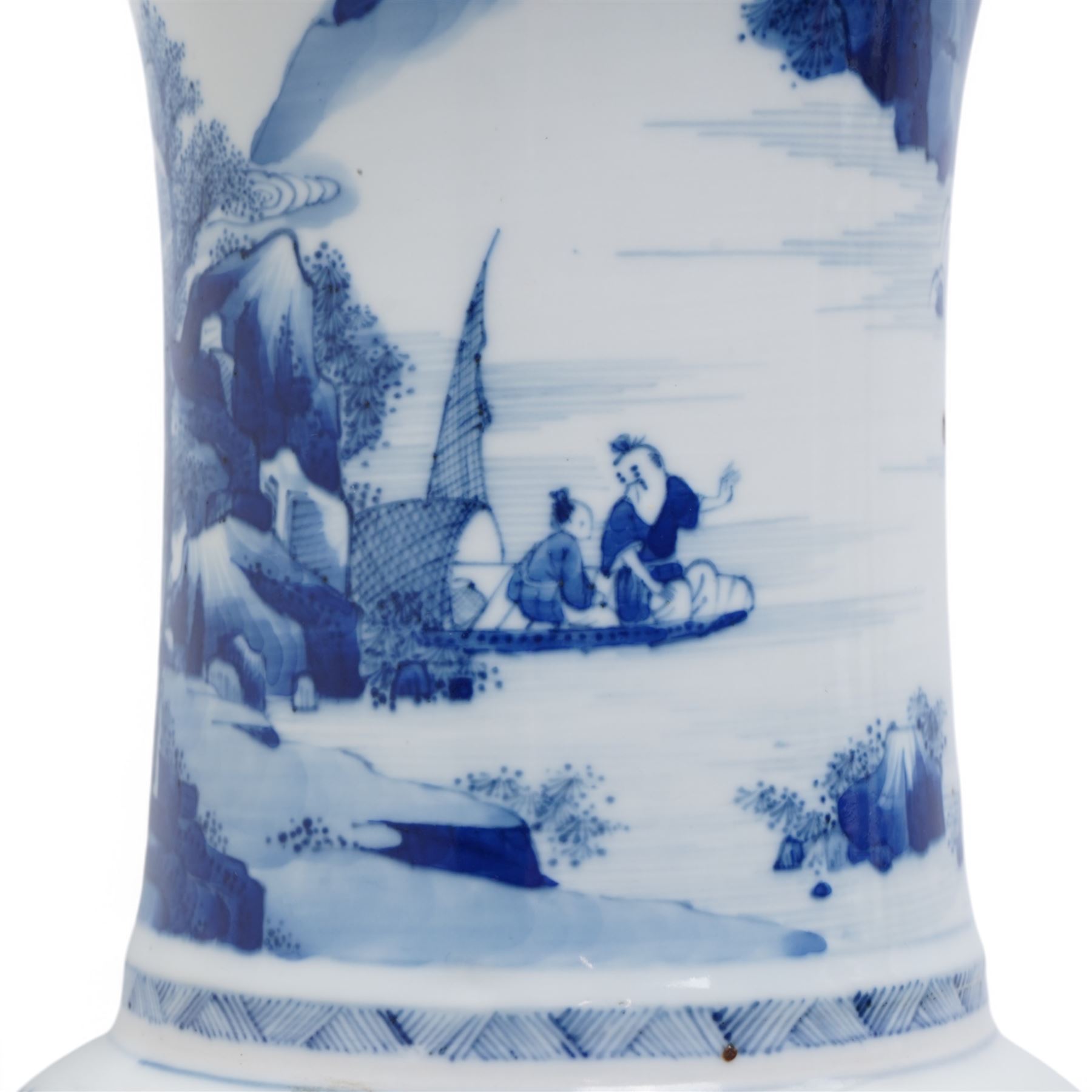 Qing Dynasty Yen Yen blue and white vase in the Kangxi style decorated with a lake landscape surrounded by rocky cliffs, figures in a boat and on the shore H45cm 