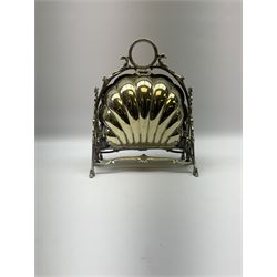 Victorian silver plated biscuit warmer, scalloped shaped dishes and pierced grills, with cradle decorated with mythical beast and acanthus leaves, H27cm
