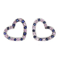 Pair of 9ct white gold pink and blue sapphire heart shaped stud earrings, hallmarked