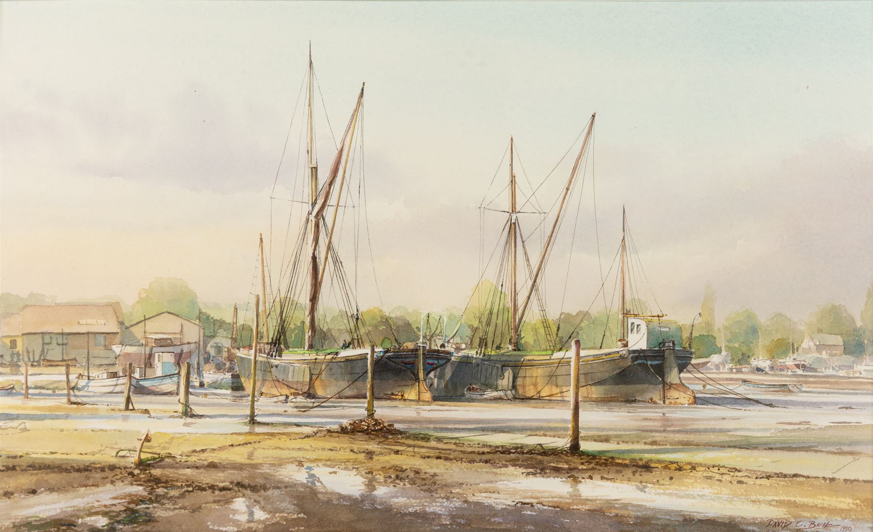 David C Bell (British 1950-): ‘Barges Under Repair – The Hard Pin Mill’, watercolour signed and dated 1990, titled verso 29cm x 48cm