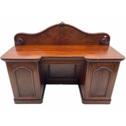 19th century figured mahogany twin pedestal sideboard, raised back with carved detail