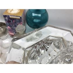 Val St. Lambert cut glass twin branch candelabra, signed beneath, together with quantity of other glassware to include decanters, etc