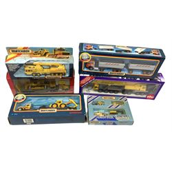 Three Matchbox Superkings die-cast models - Nos. K114, K130 and K145; Matchbox Action Pack Convoy No.CY203; Siku Super Serie 1:55 Mega Lifter No.4311; and Majorette 3097 Super Movers Semi Bulldozer Transporter; all boxed (6)
