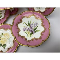 Victorian dessert service, comprising four comports and nine plates, each decorated with floral sprigs to the centre with a pink and gilt border, largest comport H13cm, plate D22.5cm