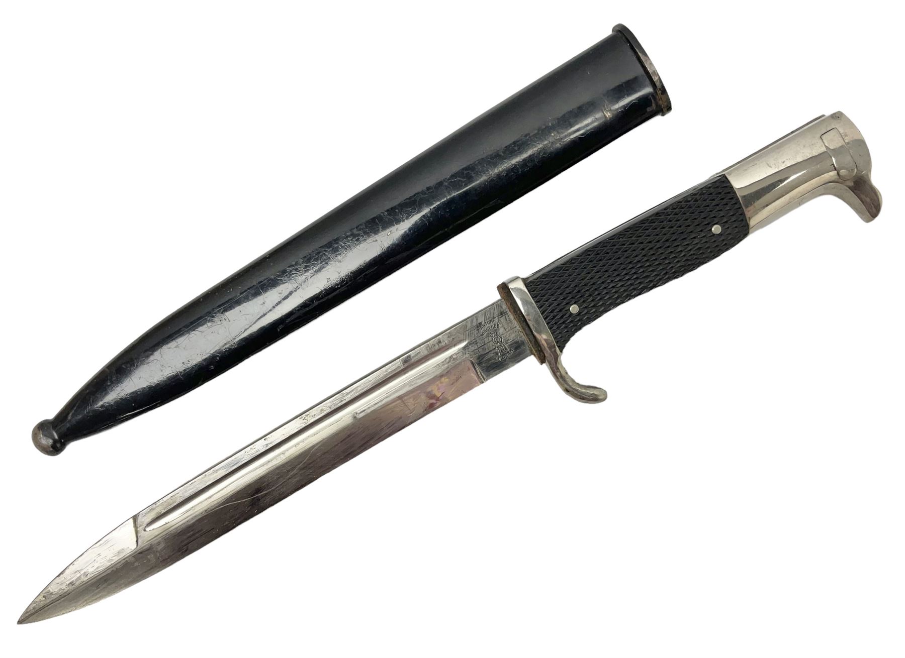 German Wehrmacht KS98 dress bayonet, with plain 19.5cm fullered blade marked Anton Wingenje Solingen, chequered black plastic grip and original leather washer to ricasso; in black painted metal scabbard L36cm overall
