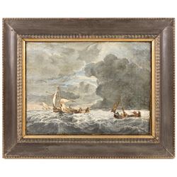 Dutch School (18th Century): Sailing Boats Caught in a Storm, oil on canvas unsigned 29cm x 39cm 