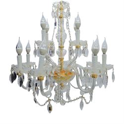 Late 20th century gilt brass and glass twelve branch chandelier, with glass swags and drops