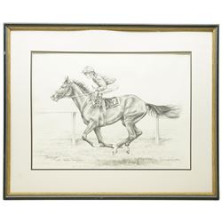 Sue Wingate (British 1947-2016): 'Shergar' with Walter Swinburn, pencil sketch signed titled and dated 1998, 37cm x 51cm; together with a print of 'Cigar' after Fred Stone, signed in pencil, 46cm x 44cm (2)