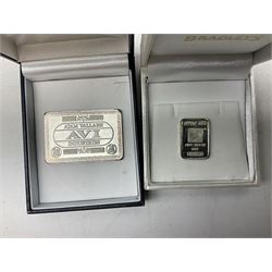 Quantity of silver comprising two 2012 Diamond Jubilee silver commemorative plaques stamped 999, hallmarked Birmingham 2012 with Jubilee stamp, together with a Prince William and Catherine Middleton silver bar stamped 999, Refine Met Fine Silver 999 bar and Atam Vallabh AVI Industries bar stamped fine 999, all tested, total weight approx 45.5g