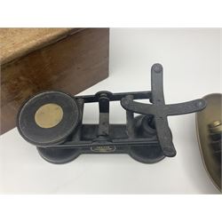 Wooden Gledhill till with paper labels to interior and a set of Salter scales with weights, till H17cm