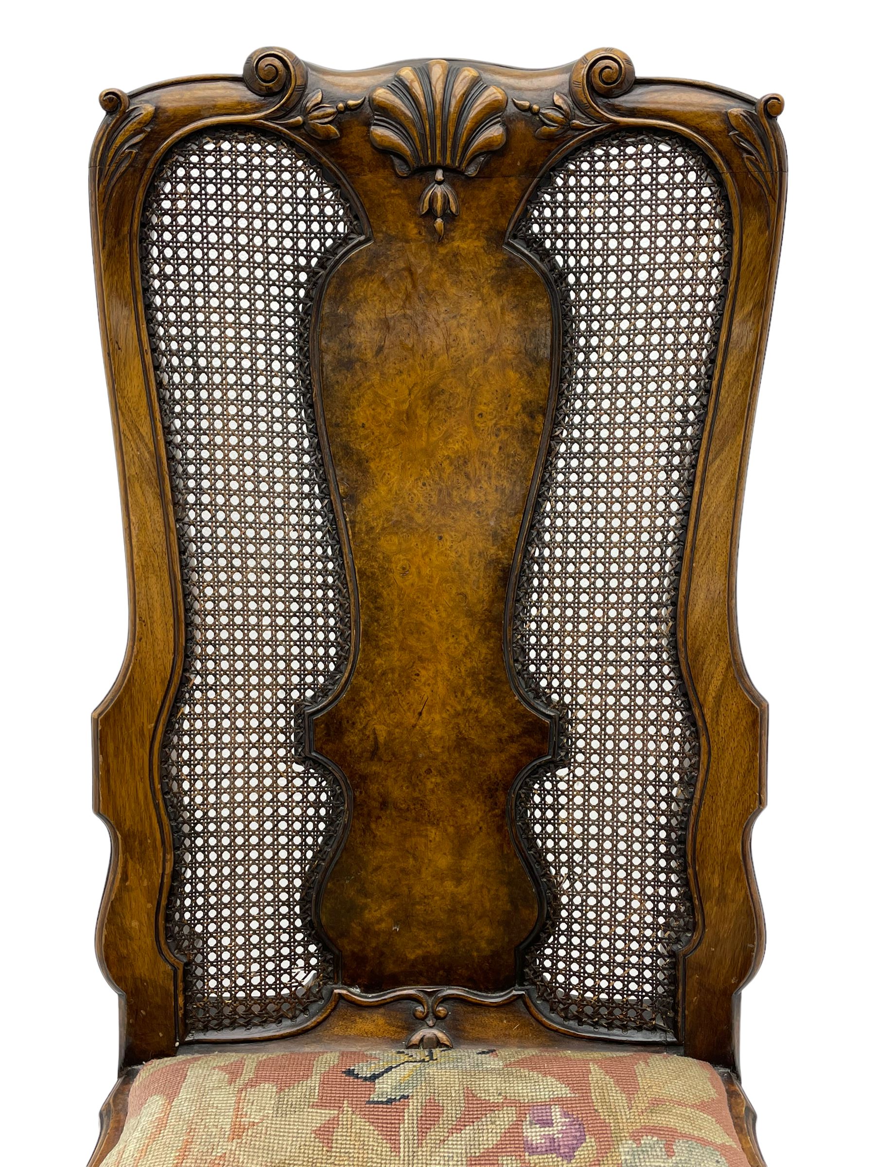 Pair of early 20th century Queen Anne design chairs, the cresting rail carved with scroll and central shell motif, shaped uprights and splat encased in cane work panels, shaped moulded seat frame with shell motif, floral needlework upholstered drop-in seat cushion, on shell carved cabriole supports with ball and claw feet, united by turned and shaped middle stretcher carved with acanthus leaf