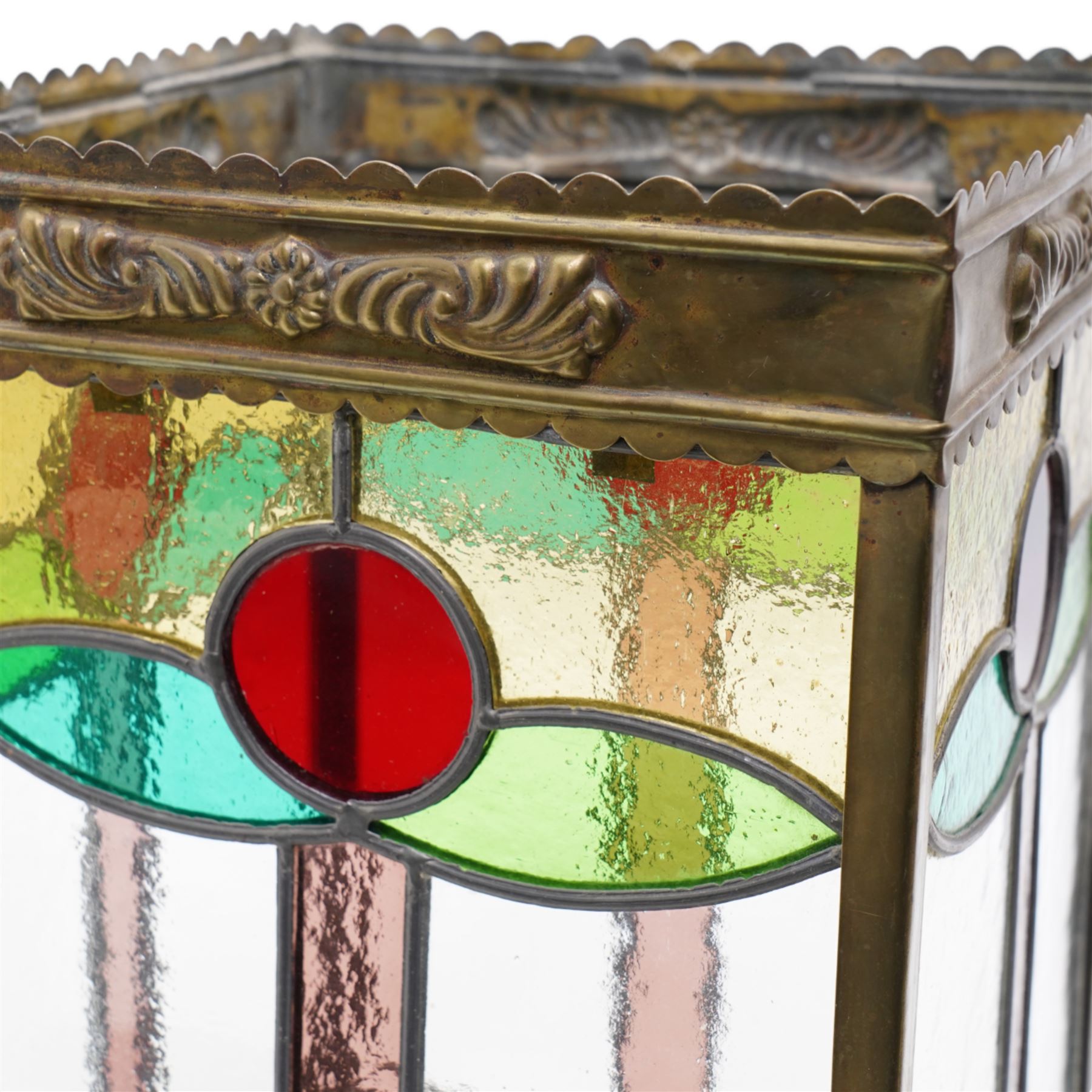 Edwardian metal framed hanging hall lantern, of rectangular form, with leaded stained and clear glass panels, H32cm excluding fittings 