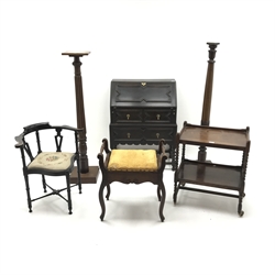  Jacobean style oak bureau, fall front enclosing fitted interior above two drawers (W77cm, H103cm, D41cm) a piano stool with hinged upholstered seat, two jardiniere stands, a corner chair and a serving trolley (6)  