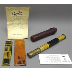  Otis King's Patent Calculator, Model L, with instructions in leather case, 26cm max and an Arithma Original Addiator in original leather case and a Mertiverter rule (3)  