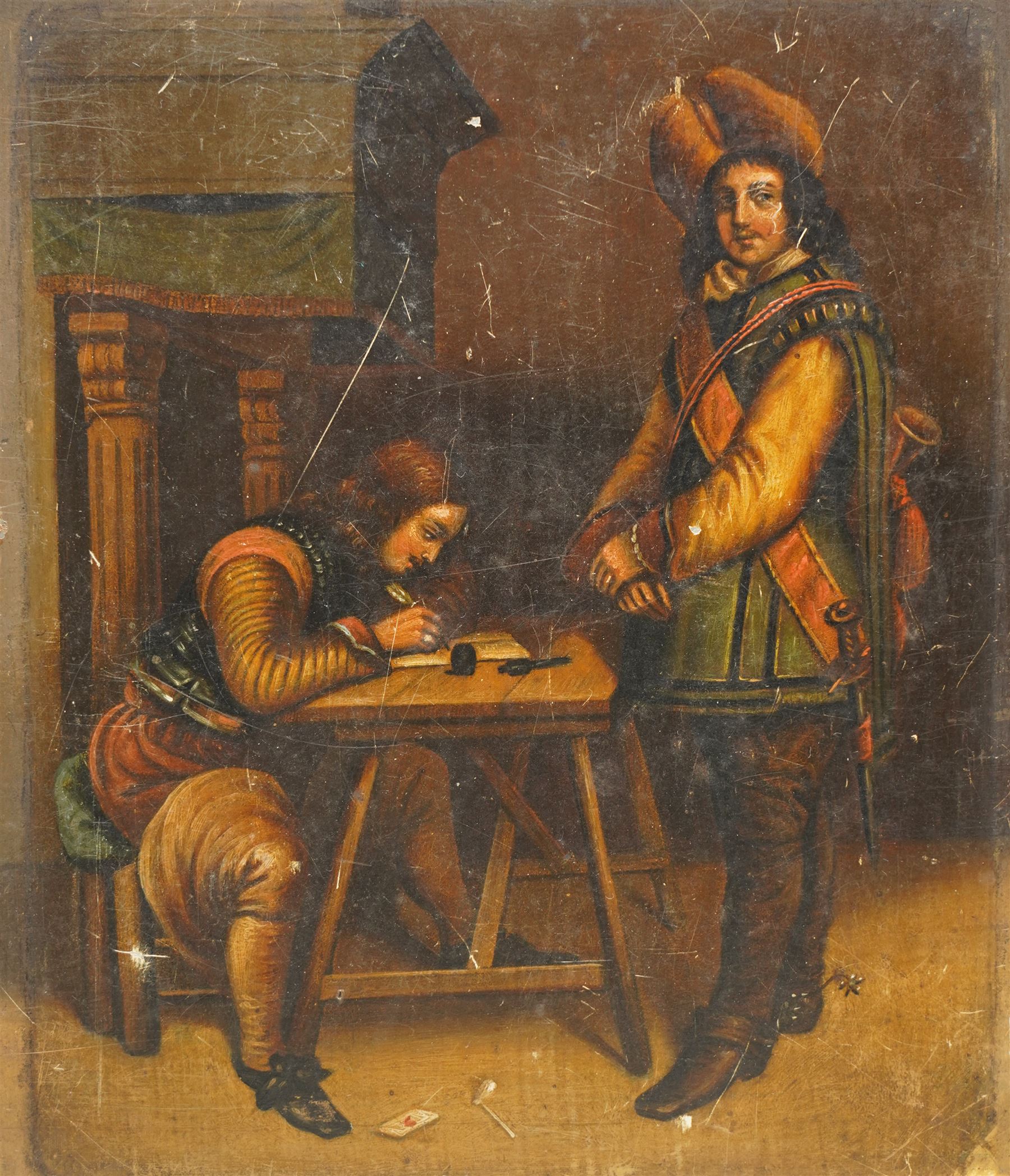 Dutch School (19th century): 'Officer Dictating a Letter' after Gerard ter Borch and Shipwrecked Soldiers, pair oils on metal unsigned 20cm x 17cm (2)