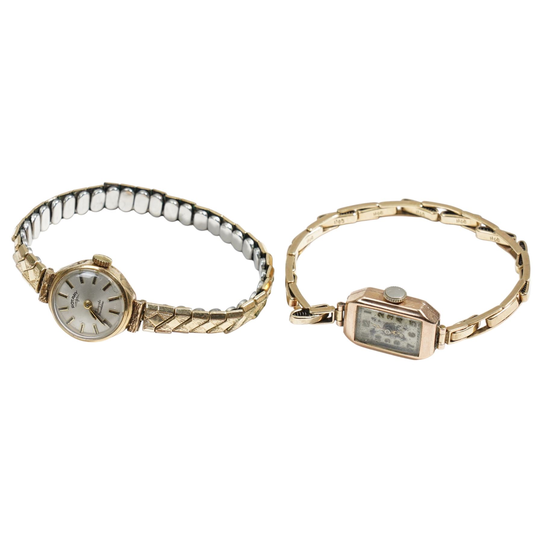 Rotary 9ct gold ladies manual wind wristwatch, on expanding gilt strap and another 9ct gold wristwatch on 9ct gold expanding strap, both hallmarked