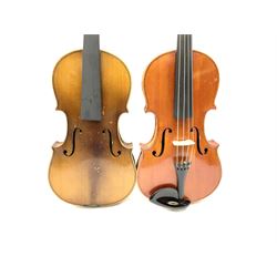 Student's violin with 36cm two-piece maple back and ribs and spruce top 59cm overall; and an incomplete Czechoslovakian copy of a Stradivarius violin (2)