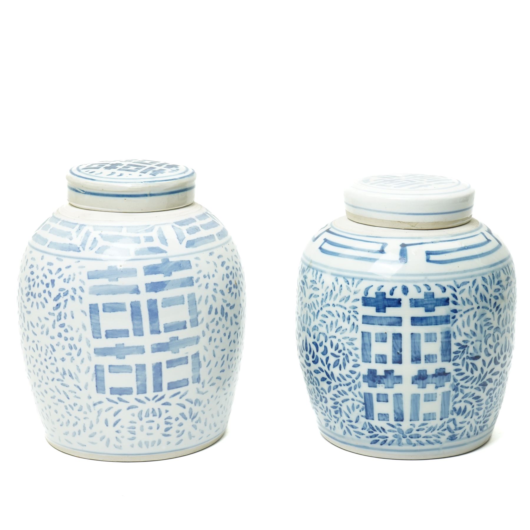 Two of blue and white Chinese ginger jars, each painted with double shou symbol, H23cm and H25cm (2)