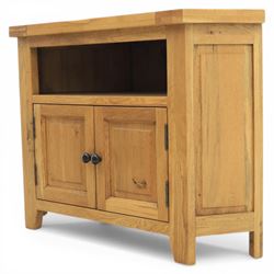 Modern light oak corner television stand, open recess above two cupboard doors with aperture to the back