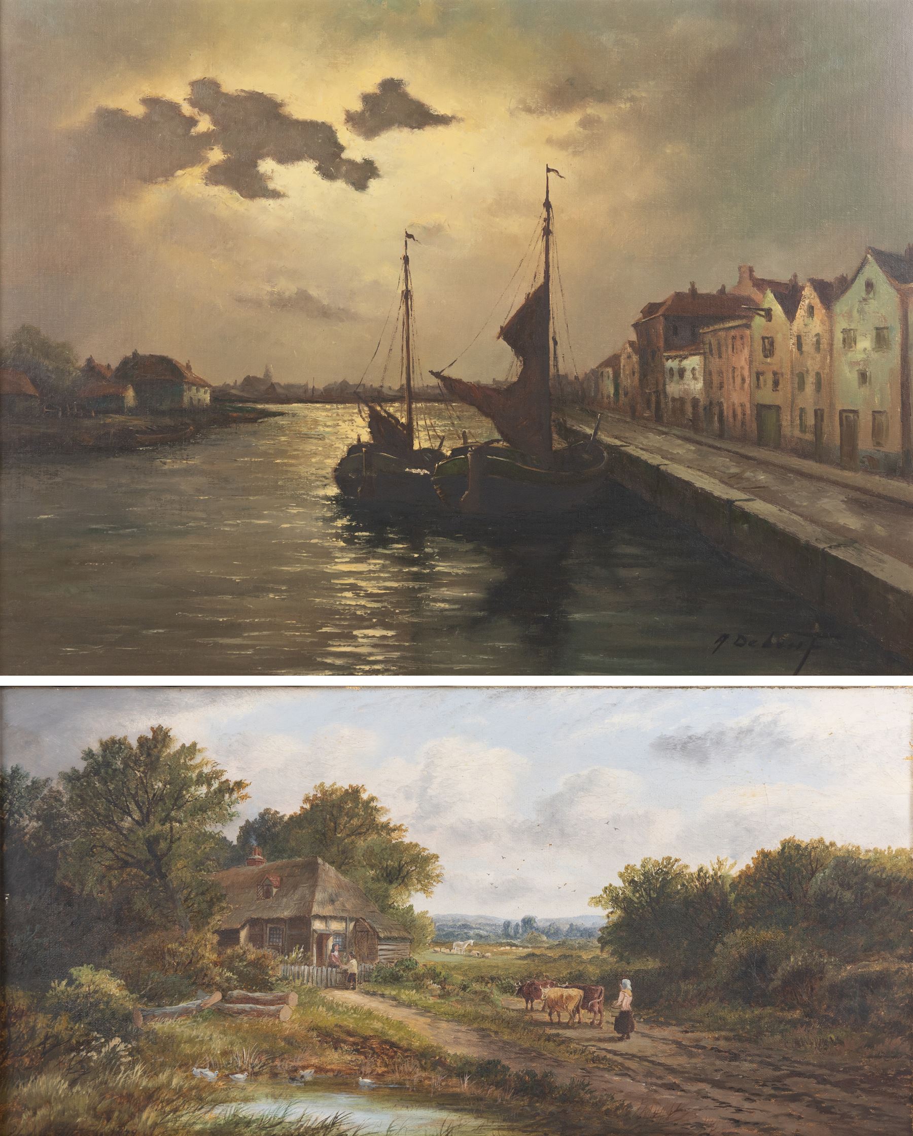 Continental School (20th Century): Harbour Scene, oil on canvas board indistinctly signed 58cm x 78cm; E Atkins (19th Century): Pastoral Scene, oil on canvas indistinctly signed and dated 1879, in gilt frame, 30cm x 60cm (2)