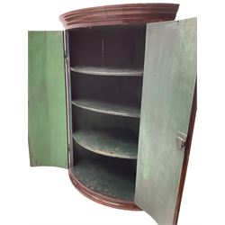 George III oak and mahogany wall hanging cylinder corner cupboard, moulded cavetto cornice over double cupboard enclosing three shelves