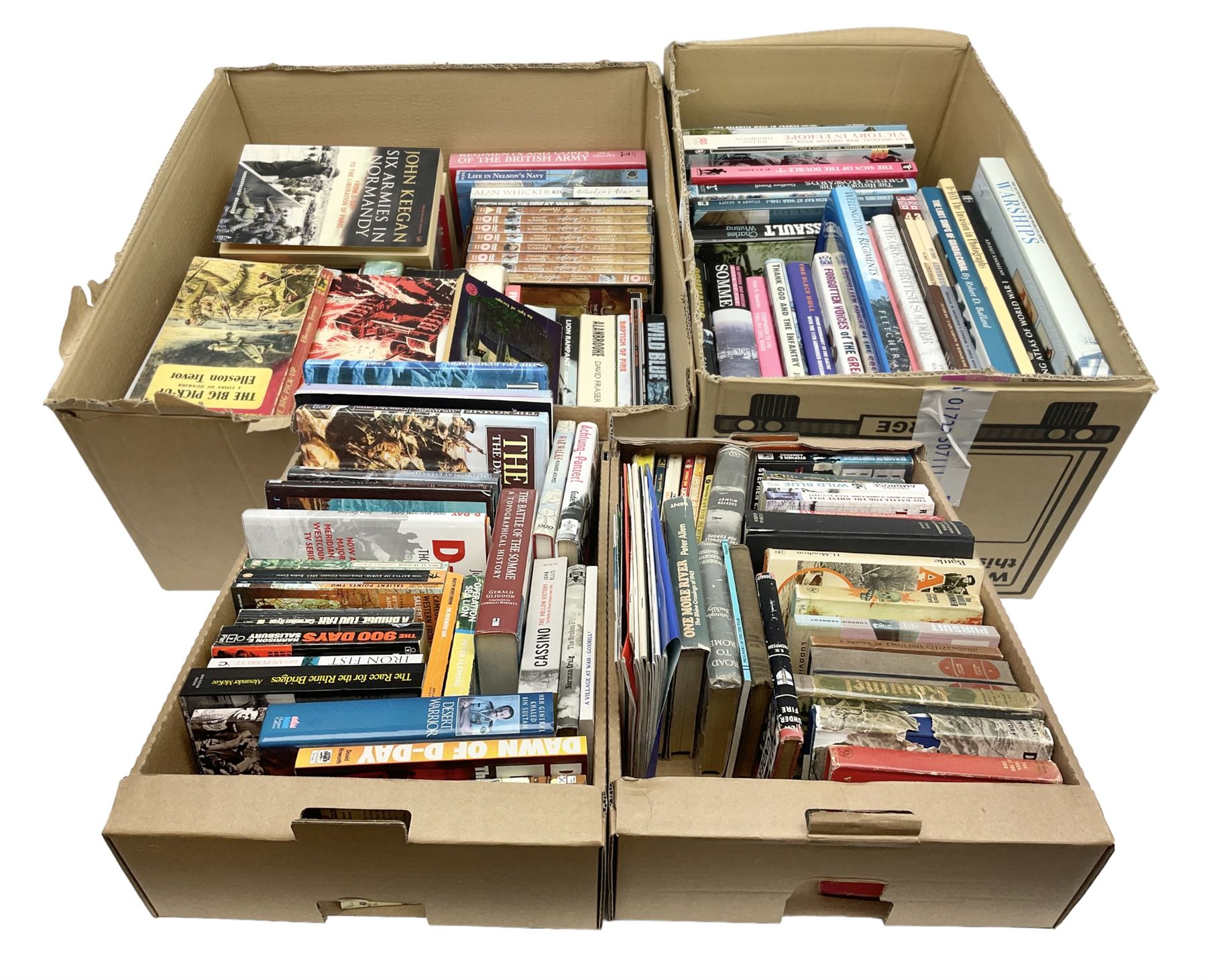 Large collection of hardback and paperback books, mainly military books, to include Band of Brothers, Dawn of D-Day, Dessert Warrior, Book of the Somme, Battle of Britain, etc in four boxes  