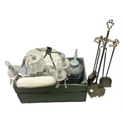 Fire tool set together of on a decorative stand, together with three branched chandelier and other collectables