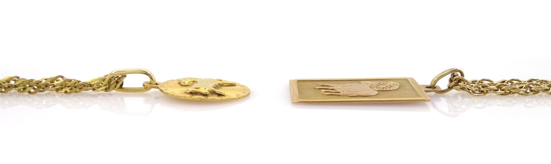 9ct gold Aries zodiac pendant necklace and one other 17ct gold Aries pendant, on 9ct gold chain