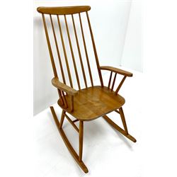 Ercol style elm and beech rocking chair, stick back, turned supports