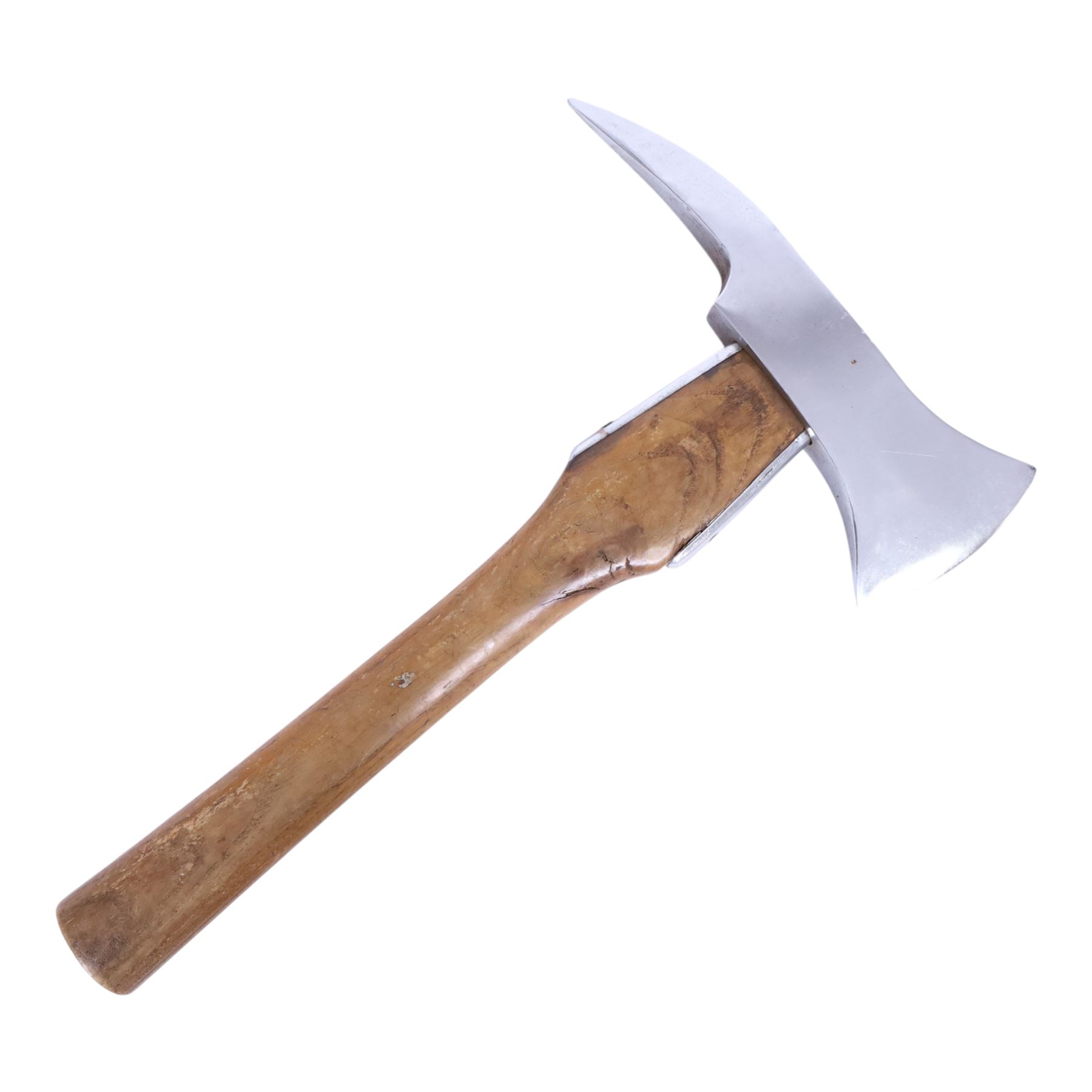 German Fire Service Presentation Axe, the chromed steel head stamped ''Fur 40 Jahre treue Dienste Frw.Feuerwehr Upen'', with ash handle and leather sheath, H38cm 