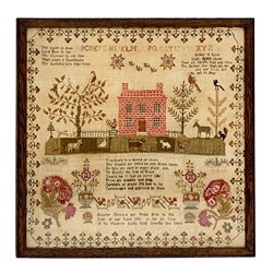 George III sampler, worked with a house, trees and animals to the fore, further detailed with floral motifs and verse, within a trailing floral border, by Eleanor Gilleard 1811, within oak frame, H52cm, L50cm