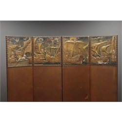  20th century three fold Screen, the four nailed rexine panels decorated with a coloured embossed panorama of Galleons entering a harbour, each panel 173cm x 40cm  