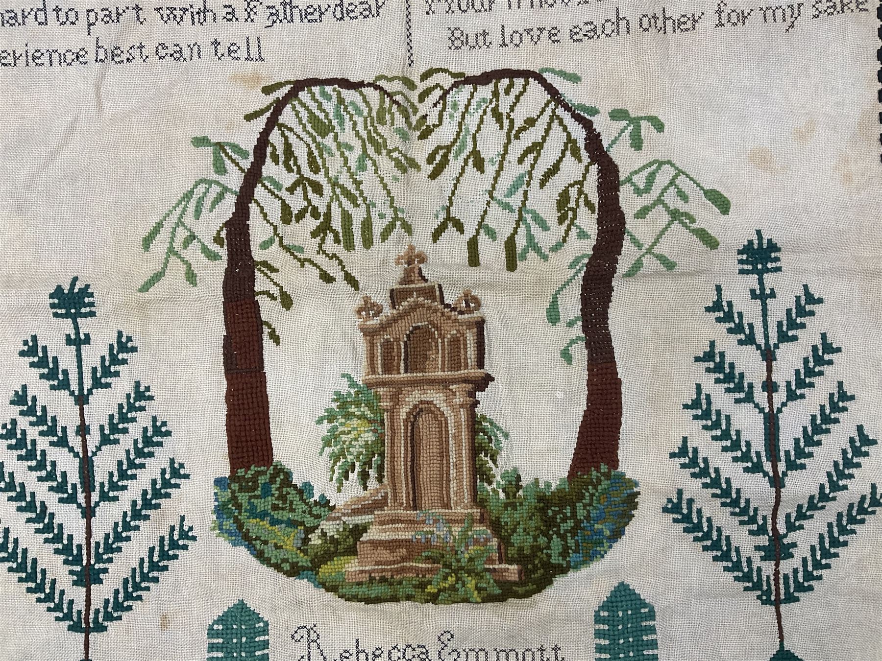 Victorian needlework  picture and verse sampler, 'In memory of Joshua Thomas who died Sep 22nd 1871 age 45', worked by Rebecca Emmott 1872 age 21, H66cm, W61cm 